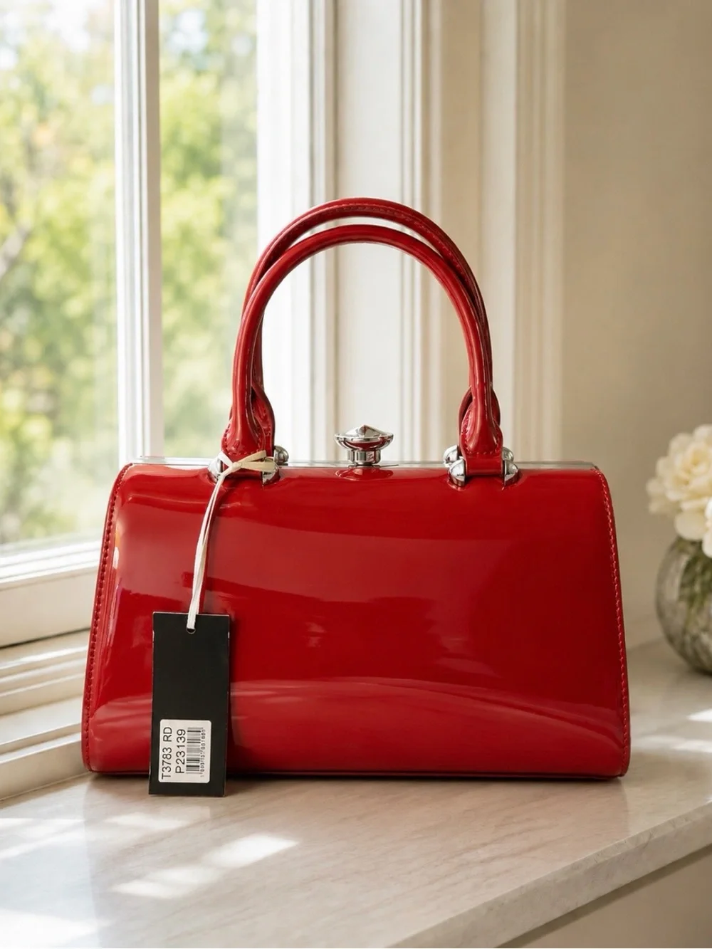 Glossy Red Patent Satchel Handbag with Crystal Clasp & Crossbody Strap